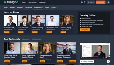 An online learning platform interface featuring a diverse range of real estate courses, instructor profiles, and student testimonials, with interactive quizzes and video lectures, illustrating the engaging and educational experience offered by RealtyEd Online.