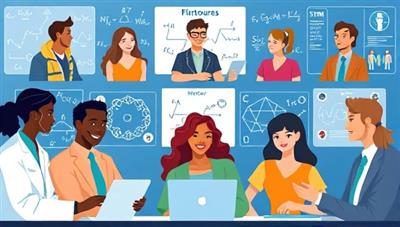 An engaging digital illustration featuring a diverse group of mentors and mentees in STEM fields interacting virtually, sharing knowledge and insights, with digital screens displaying complex equations and scientific diagrams in the background, symbolizing the collaborative and educational nature of STEMentorConnect.
