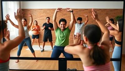 A vibrant and energetic virtual fitness session, with a diverse group of individuals engaging in various exercises guided by a virtual coach on a computer screen, conveying motivation and inclusivity.