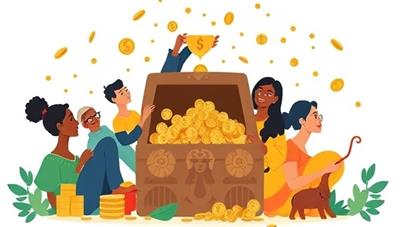 An illustration of diverse individuals from different backgrounds pooling their tiny treasures into a digital investment trove, symbolizing inclusivity and empowerment in the world of micro-investing with TinyTrove.