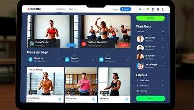 A dynamic digital interface displaying workout videos, meal plans, and progress trackers, with a diverse group of individuals exercising together virtually, conveying motivation and support.