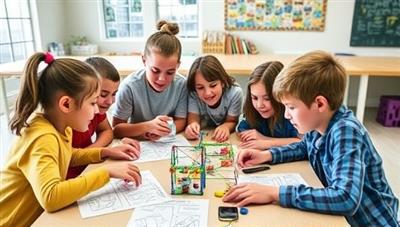 An exciting image of students gathered around a table, enthusiastically working on a STEM project from the kit, with colorful components, diagrams, and a sense of teamwork and discovery, highlighting the fun learning experience.