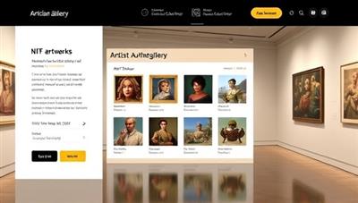 An elegant digital art gallery interface displaying a collection of NFT artworks with blockchain authentication details, artist profiles, and a secure transaction process, highlighting the transparency and integrity of ArtChain Gallery in the digital art market.