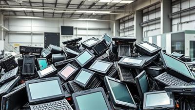 A collection of old electronic devices being responsibly disassembled and recycled in a modern recycling facility, showcasing the eco-friendly and sustainable aspects of the business.