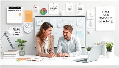 An artistic representation of a virtual productivity coaching session, featuring a coach and a client engaging in a time management exercise through a digital interface, surrounded by productivity tools, calendars, and motivational quotes, fostering a focused and efficient work environment.