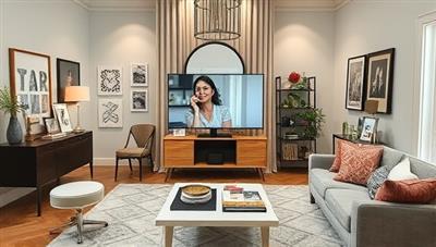 An elegant and modern virtual design studio setup with a designer conducting a video consultation with a client, surrounded by mood boards, fabric swatches, and design samples, creating a professional and creative atmosphere for VirtualDesign360's interior design services.