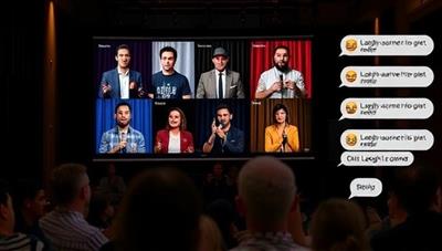 An engaging image of a virtual comedy open mic night with multiple comedians performing live on screen, accompanied by a virtual audience interacting through chat features and emojis, capturing the dynamic and entertaining atmosphere of Laugh Launch's online comedy platform.