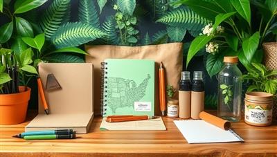 An assortment of eco-friendly school supplies arranged neatly on a wooden desk, including recycled notebooks, plant-based pens, and reusable water bottles, with a backdrop of lush greenery and sustainable packaging, symbolizing eco-consciousness and sustainability.