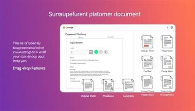 A visually appealing representation of a user-friendly platform interface with drag-and-drop features for legal document creation, accompanied by icons of various legal forms and contracts, emphasizing simplicity and efficiency in document automation.