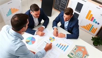 An image featuring a professional property investment coach discussing strategies with a client, surrounded by charts, property listings, and financial documents, showcasing the mentorship and guidance provided by InvestPro Mentoring.