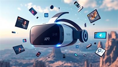 A futuristic VR headset surrounded by floating digital ad elements and a virtual landscape, illustrating the immersive and cutting-edge nature of VR advertising experiences.