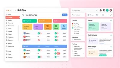 An artistic representation of the SoloTaxPro toolkit interface, featuring colorful tax categories, expense tracking widgets, and tax filing reminders designed for freelancers, capturing the essence of simplicity and efficiency in freelance tax management.