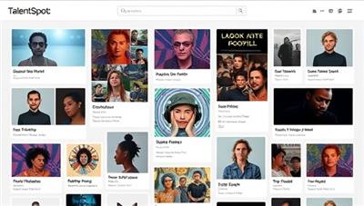An AI-powered platform interface displaying a diverse range of indie artist profiles, music samples, film trailers, and visual artwork, with sophisticated algorithms matching artists with industry professionals and fans, creating a dynamic and inclusive ecosystem for talent discovery on TalentSpot AI.