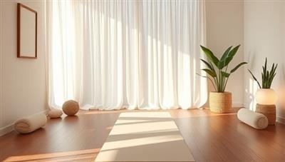 An serene virtual background of a peaceful yoga studio with soft lighting, relaxing decor, and a yoga mat, inviting viewers to immerse themselves in a virtual wellness retreat experience from the comfort of their homes.