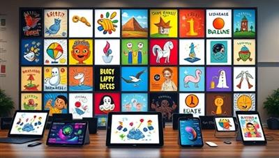 A digital gallery wall displaying a variety of vibrant and diverse digital artworks, illustrations, and graphics, surrounded by digital devices like tablets and laptops, creating a modern and artistic ambiance for the subscription service.
