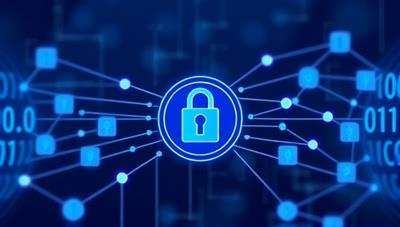An illustration depicting digital data flowing through interconnected blockchain nodes, symbolizing secure and encrypted communication, with a padlock and shield icon in the center to represent data security in BlockCom Connect.