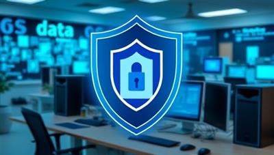 An impactful visual showcasing a small business office setting with computers, servers, and digital security icons, overlaid with a protective shield symbolizing the robust data protection and insurance coverage provided by DataShield Assurance, instilling confidence and resilience in small business owners against cyber threats and breaches.