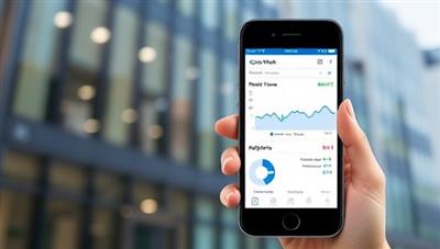 A smartphone displaying the AquaTrack Insights app interface with real-time water usage data graphs and alerts, overlaid on an office building background, illustrating the app's functionality and value in optimizing water efficiency for businesses, creating a visually engaging representation of commercial water management.