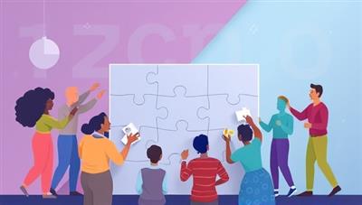 A digital illustration of a diverse group of people placing small puzzle pieces representing investments into a larger puzzle, symbolizing the concept of micro-investing and collaborative wealth-building, conveying inclusivity and financial empowerment.