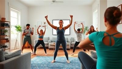 An energetic virtual workout session led by a fitness coach, with participants engaging in diverse exercises from their homes, showcasing a vibrant and supportive online fitness community.