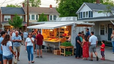 A bustling neighborhood scene featuring a solar-powered mobile farm stand parked amidst a diverse crowd of customers browsing fresh produce and artisanal goods under the glow of solar panels, embodying sustainability and community-driven food access.