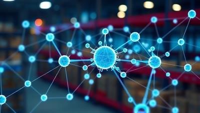 An interconnected network of blockchain nodes representing secure data transactions and supply chain traceability, symbolizing the transparent and decentralized approach of ChainTrace in revolutionizing warehouse operations and supply chain management.