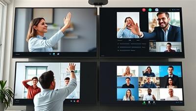 A virtual team meeting scene with remote employees participating in a team-building exercise, virtual high-fives, and collaborative brainstorming sessions on digital screens, emphasizing the camaraderie and connection facilitated by TeamBond's engagement platform.