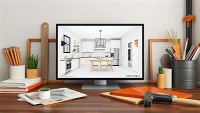 A virtual home renovation design displayed on a digital screen, surrounded by renovation tools, decor samples, and construction materials, illustrating the creative and immersive renovation experience provided by RenovateVR's virtual reality home renovation consultation service.