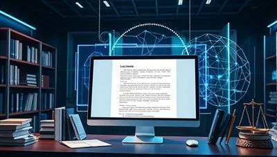A futuristic office setting with a computer screen displaying a legal document being automatically generated by AI software, surrounded by digital law books and a holographic interface, symbolizing innovation and efficiency in legal document automation.