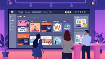 An engaging digital illustration of a virtual event planning dashboard displaying event layouts, vendor options, and interactive features, with event planners collaborating on a virtual event project, highlighting the convenience and efficiency of virtual event planning.