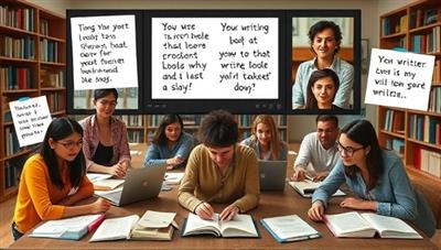An online workshop setting with a diverse group of participants engaged in a virtual writing session, with digital notepads, inspirational quotes, and a virtual library backdrop, fostering a sense of creativity and community among writers.