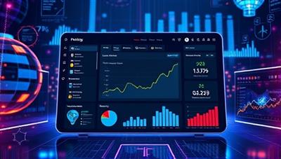 An innovative platform interface displaying dynamic investment recommendations and performance metrics, surrounded by futuristic data visualizations and AI algorithms, symbolizing cutting-edge investment technology.