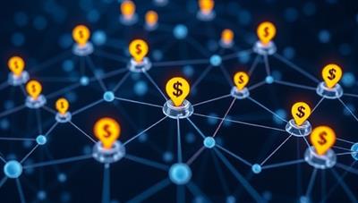 An engaging visual of interconnected blockchain nodes forming a lending network, with digital currency symbols flowing between borrowers and lenders, symbolizing transparency, security, and financial inclusion facilitated by BlockLoan.