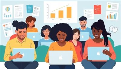An illustration of a diverse group of people engaged in a virtual financial literacy course on laptops and tablets, with interactive graphics and learning materials surrounding them, representing accessible and engaging financial education for all.