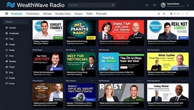 An artistic representation of a digital radio network dashboard with various podcast show titles, host names, and episode thumbnails, creating a vibrant and engaging platform for listeners to explore financial topics on WealthWave Radio.