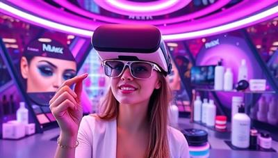 An immersive virtual reality beauty experience showcasing a user trying on virtual makeup, hairstyling options, and skincare products in a futuristic and captivating virtual environment, portraying the interactive and engaging nature of VR Beauty Haven.