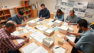 An image of a workshop setup with participants working on architectural models using different tools and materials, surrounded by design sketches and reference books, fostering a creative and collaborative environment.