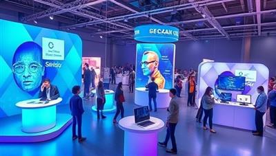 A dynamic digital event space with virtual stages, interactive booths, and diverse avatars engaging in virtual networking, presentations, and entertainment activities, capturing the essence of innovative virtual event experiences and creative online interactions.