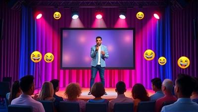 A vibrant virtual comedy stage setup with a comedian delivering a hilarious performance on screen, accompanied by animated laughter emojis and interactive audience reactions, capturing the lively and comedic atmosphere of the online comedy show.