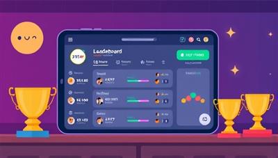 An animated illustration of the FitFusionChallenges app interface displaying a leaderboard with user rankings, fitness challenge progress bars, and virtual trophies, creating a competitive and motivating atmosphere for users to push their fitness limits.