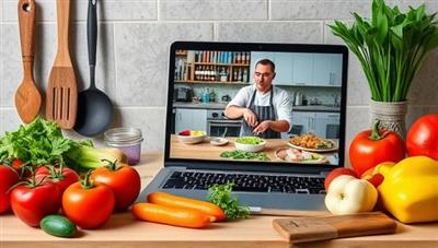 An array of fresh ingredients, kitchen utensils, and a laptop displaying a live cooking class session with a chef guiding participants through a recipe, showcasing the interactive and engaging nature of Cooking Connect.