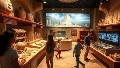 An immersive history exhibit within the museum featuring life-sized replicas of ancient artifacts, interactive displays, and engaging audio-visual elements, with families and children exploring and discovering the past together in a captivating and educational setting that sparks curiosity and wonder.