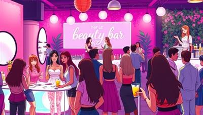 An animated scene of a bustling pop-up beauty bar event with attendees enjoying various beauty services, mingling with beauty professionals, and sipping on colorful mocktails, radiating a vibrant and trendy ambiance.