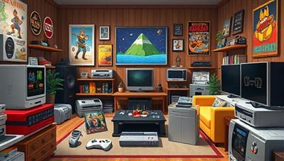 An artistic representation of a retro gaming living room filled with vintage consoles, cartridges, posters, and memorabilia, capturing the essence of nostalgia and cherished gaming memories that Nostalgia Crate subscribers experience with each curated collection.