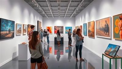 An immersive virtual art gallery experience with users exploring digital art exhibitions, interacting with artworks, and attending virtual events, capturing the essence of a global art community online.