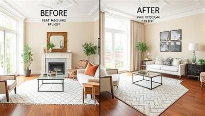 A split-screen image showing a stylish room before and after a virtual interior design consultation, highlighting the dramatic change and personalized touch brought by the online design services.