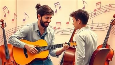 An artistic and musical image featuring a virtual music instructor teaching a student to play a musical instrument through an online lesson, with musical notes and instruments in the background, creating a vibrant and engaging atmosphere that highlights the joy of music education and instrumental training offered by the platform.