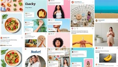 A collage of vibrant and visually appealing social media posts representing different industries, such as food, fashion, and wellness, creating a diverse and engaging content portfolio.