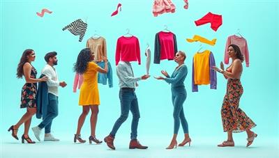 An artistic representation of a digital fashion swap event showcasing diverse individuals exchanging clothing items, with colorful garments floating in a virtual space, highlighting the concept of sustainable fashion and community sharing.