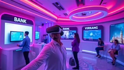An immersive VR scene of a user navigating through the VR Bank Oasis platform, interacting with virtual tellers, exploring digital banking services, and attending a virtual financial seminar in a futuristic VR environment, highlighting the seamless integration of technology and banking services in a visually captivating setting.